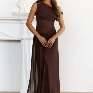 Sleek Off Shoulder Sheer Maxi Dress Chocolate