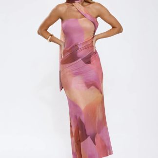 Pixie Drift Halter Mesh Maxi Dress Purple