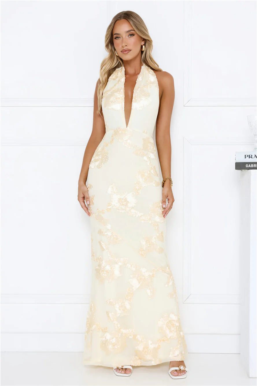 Daydream Kiss Halter Mesh Maxi Dress Yellow - Image 2