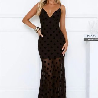 Sultry Polka Dot Velvet Maxi Dress Black