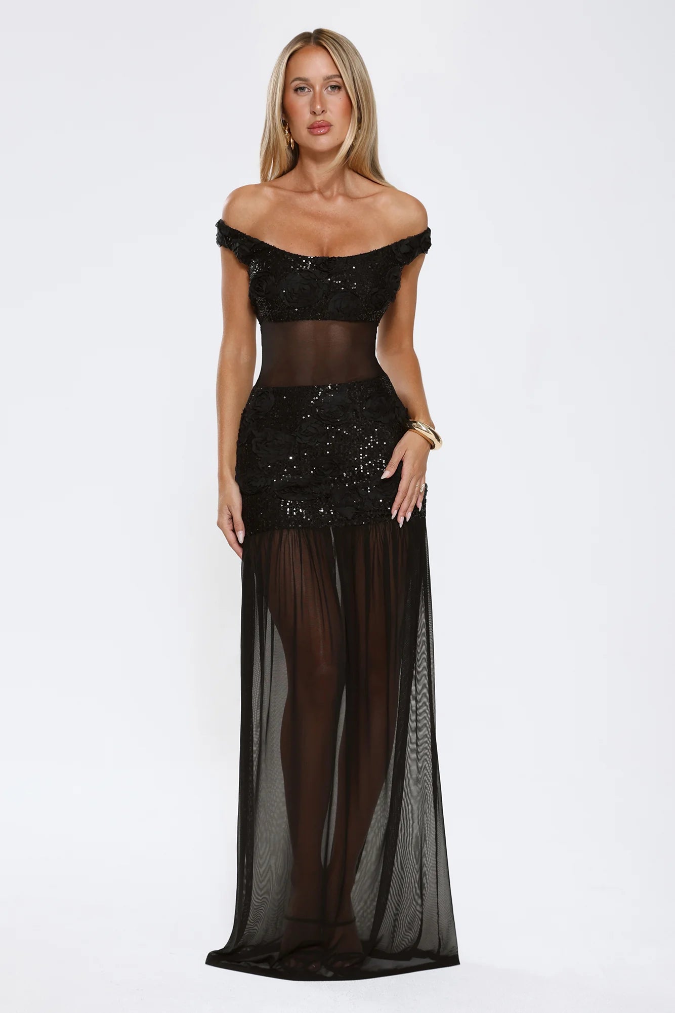 Radiance In The Dark Off Shoulder Sequin Maxi Dress Black - Image 2