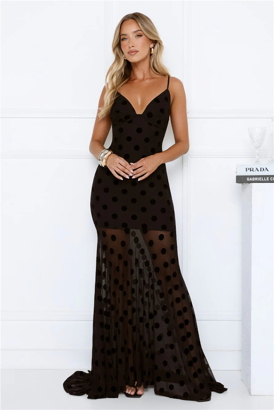 Sultry Polka Dot Velvet Maxi Dress Black - Image 2