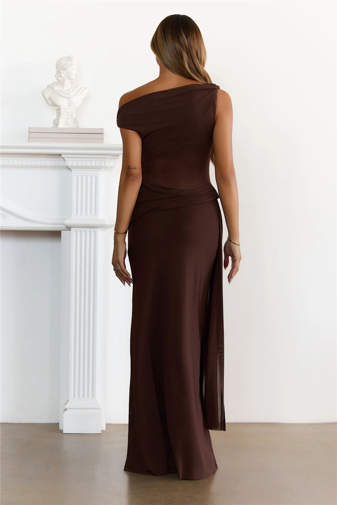 Sleek Off Shoulder Sheer Maxi Dress Chocolate - Image 3