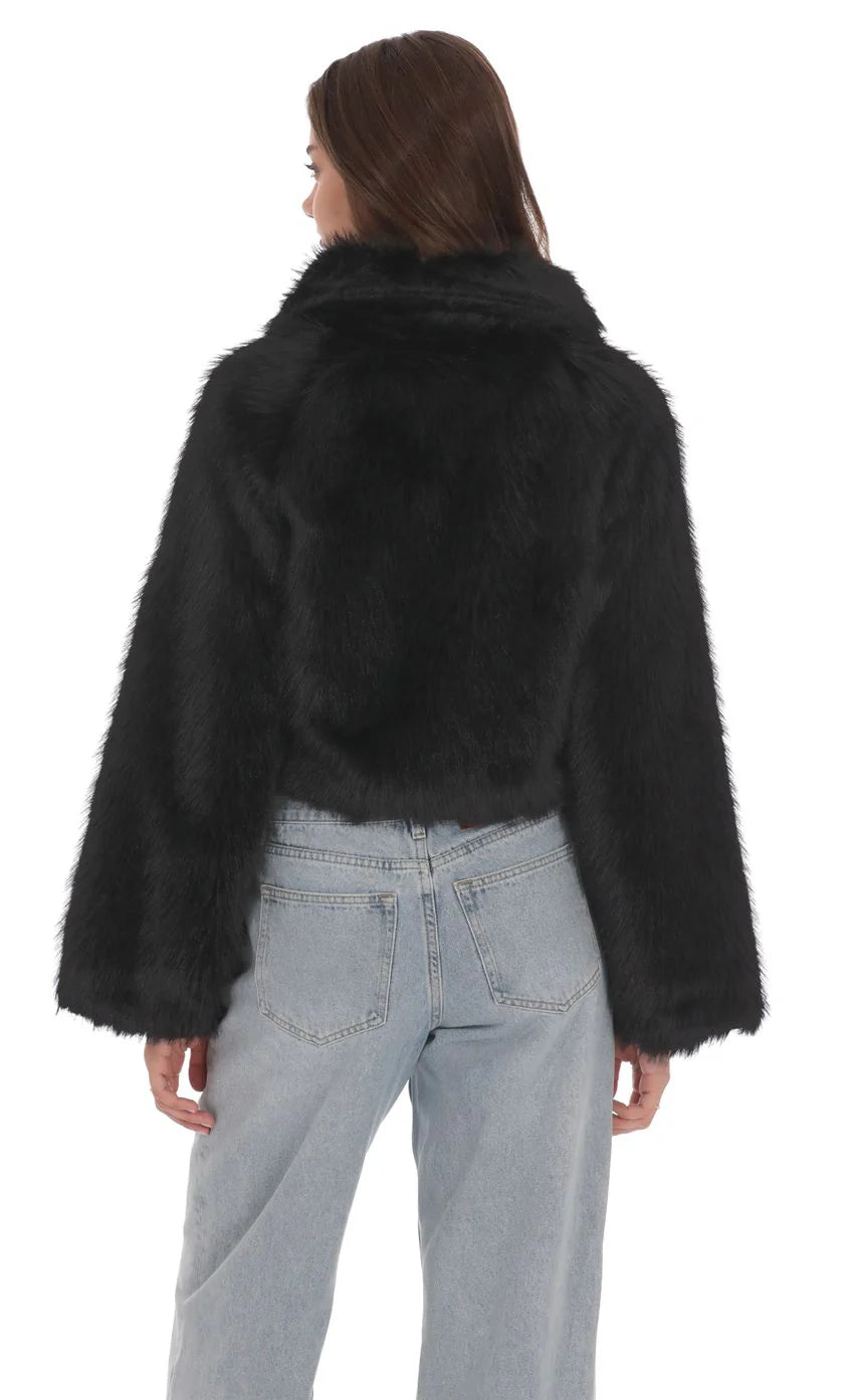 Faux Fur Cropped Jacket in Black - Image 2