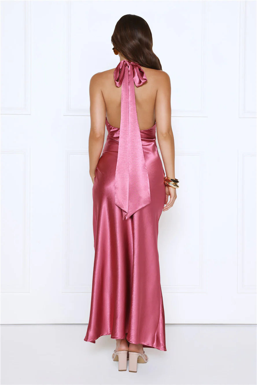 Cherry Glow Halter Satin Maxi Dress Rose - Image 3