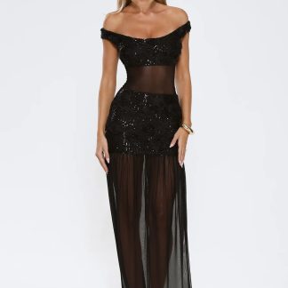 Radiance In The Dark Off Shoulder Sequin Maxi Dress Black