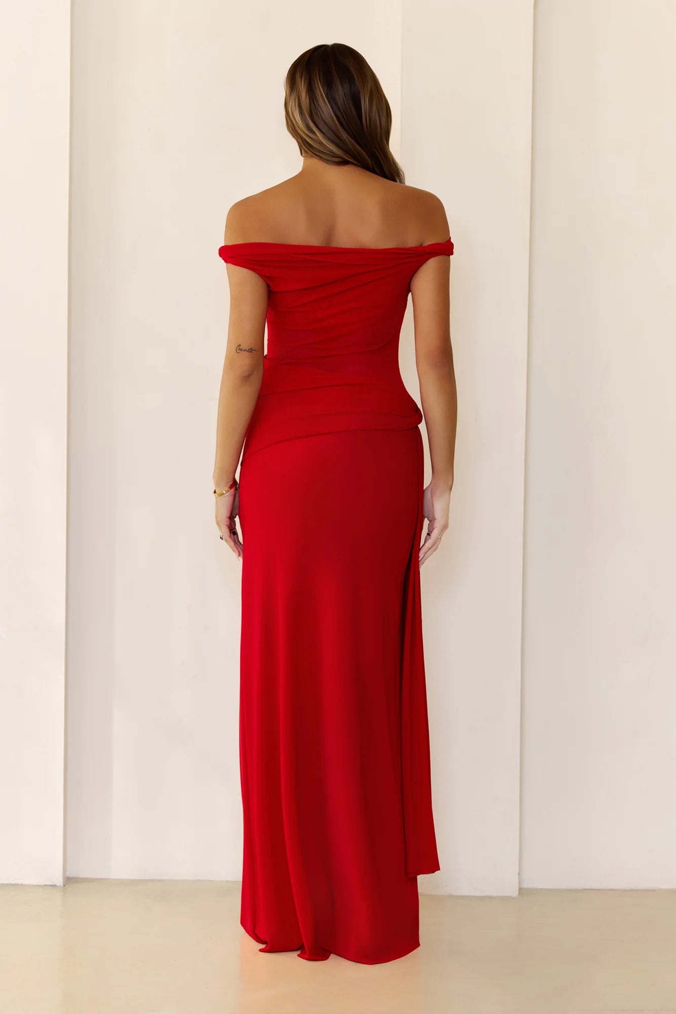 Sleek Off Shoulder Sheer Maxi Dress Red - Image 3
