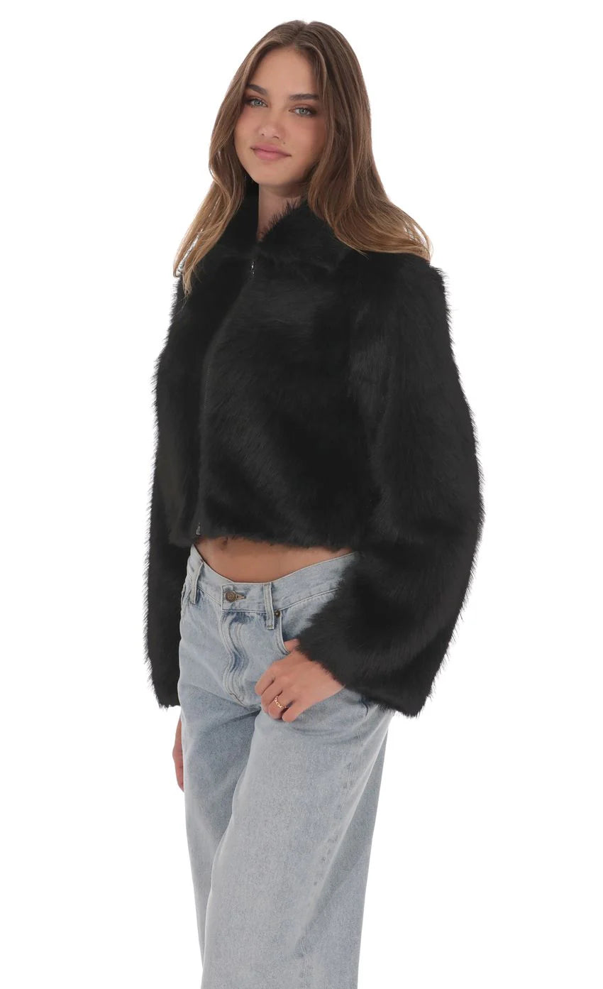 Faux Fur Cropped Jacket in Black - Image 3